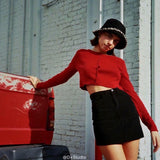 Women Sweater Knitwear Autumn Retro Crew Neck Front Row Buckle Slim Fit Short Knitted Cardigan Top