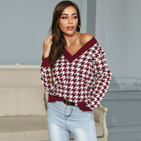Women Knitted Sweater Long Sleeve Houndstooth Jacquard V-neck Bottoming Knitted Sweater Female Autumn