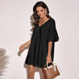 Women Dress Loose Casual Short Skirt V-neck Dress