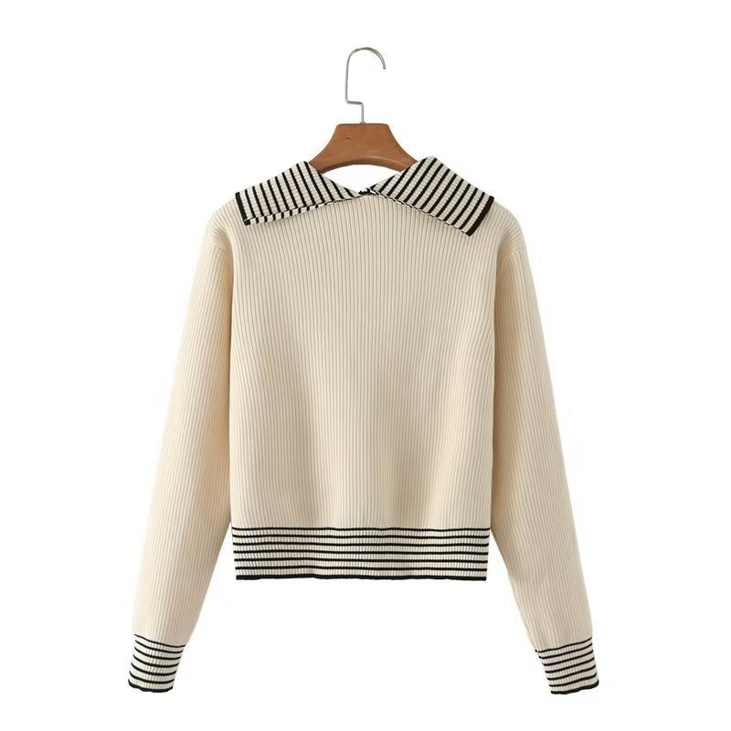 Women Sweater Knitwear Autumn Navy Style College Knitted Single-Breasted Contrast Color Cardigan