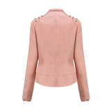 Red Leather Jacket Beaded Leather Women's Long Sleeve Lapel Motorcycle Clothing