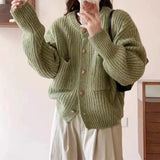 Women Knitted Cardigan Autumn and Winter Loose round Neck Single Breasted Thick Coat