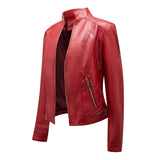 Red Leather Jacket Casual Leather Clothing Women's Stand Collar Zipper Slim Fit Motorcycle Clothing