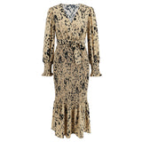 Women Date Dress Long Dress Leopard Print V-neck Belt Printed Fishtail Skirt