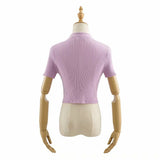 Women Sweater Knitwear Vintage Polo Lapel Single Breasted Thread Exposed Navel Knitted T-shirt
