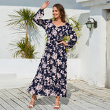Women Date Dress Autumn Winter Sexy Long Sleeve V-neck Lantern Sleeve Backless Floral Long Tie Dress