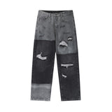 Men Jeans Vintage Distressed Color Block Water Washed Hole Straight Jeans