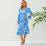 Women Date Dress Autumn and Winter Dress Sexy V-neck Polka Dot Printing Long-Sleeved Fishtail Dress