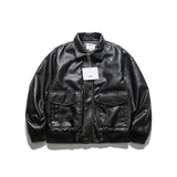 Unisex Winter Cotton Coat Three-Dimensional Pocket Decoration Lapel Cotton-Padded Coat Retro Loose PU Leather Cotton-Padded Jacket