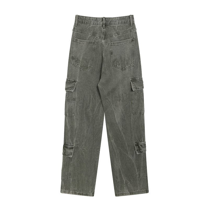 Men Jeans Retro Washed Gray Cargo Jeans