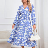 Women Date Dress Floral Dress Autumn and Winter V-neck A- line Skirt
