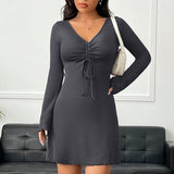 Women Dress Long Sleeve Hip Skirt V-neck Sexy Dress