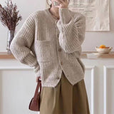 Women Knitted Cardigan Autumn and Winter Loose round Neck Single Breasted Thick Coat