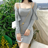 Women Dresses Slip Dress Long Sleeve Cardigan Outer Coat Suit Two-Piece Set