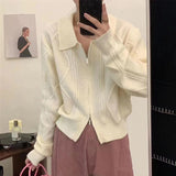 Women Knitted Cardigan Retro Plaid Double Zipper Lapel Knitted Cardigan Sweater Coat