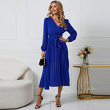 Women Date Dress Sexy V-neck Bubble Lantern Sleeve Pleated Skirt