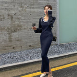Women Dresses U-Neck Vest Camisole Dress Long Sleeve Cardigan Suit Knitted Maxi Dress