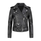 Women Leather Jacket Spring Solid Color Polo Collar Leather Coat