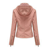 Red Leather Jacket Fall Winter Hooded Leather Women's Detachable Hat Long-Sleeve Zipper Fleece-Lined Wallet