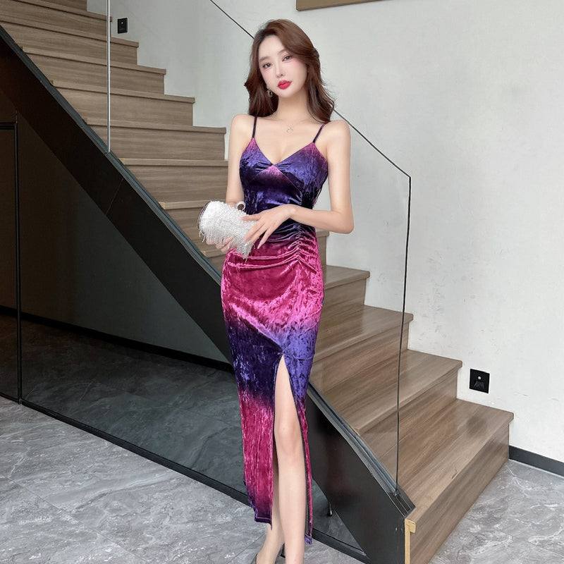 Women Maxi Dress Autumn Winter Sexy V-neck Pleuche Hip Spaghetti Straps Dress