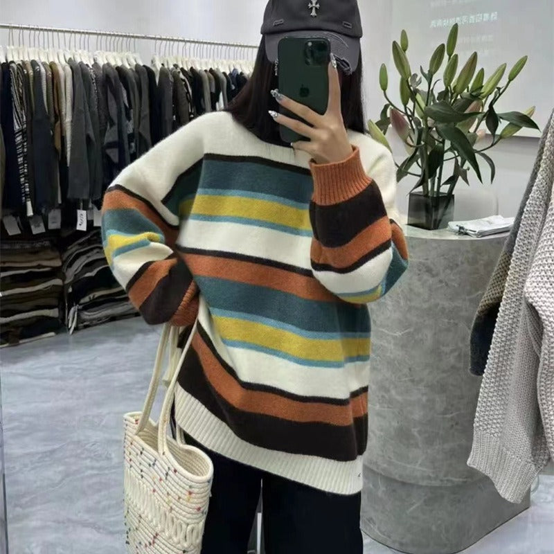 Women Knitwear Autumn and Winter Striped round Neck Sweater Loose Sweater