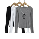 Women Tops Summer Lace V-neck Top Bow Slim T-shirt