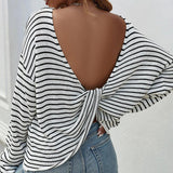 Women Knitted Sweater Striped Long Sleeve Sexy Backless Cross Sweater Women's Top