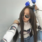 Women T-shirt Summer Slim-Fit Printed round Neck Midriff-Baring T-shirt