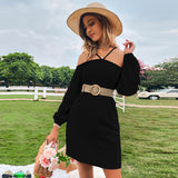 Women Dress Spring/Summer Loose Casual Short Skirt off-Shoulder Braces Long Sleeve Dress