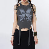 Women T-shirt Butterfly Print Slim-Fit Ribbon Thread Vest