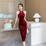 Women Maxi Dress Autumn Winter Retro Sexy Formal Dress Velvet Cheongsam Dress