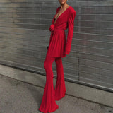 Women Dresse Three-Dimensional Flower Red Short Skirt Sexy Long Sleeve Dress