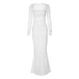 Women Dresse Square Collar Long Sleeve Lace Dress