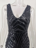 Women Evening Gown Sexy V-neck Vintage Party Sequins Dress
