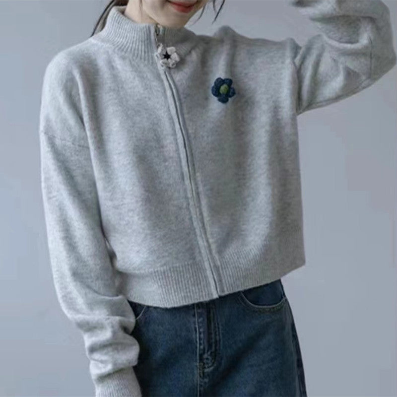 Women Knitwear Autumn and Winter Turtleneck Flower Sweater Loose Knitted Cardigan