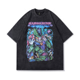 Men T Shirt Cartoon Distressed Short Sleeve T-shirt Vintage Washed Oversize Half Sleeve T-shirt