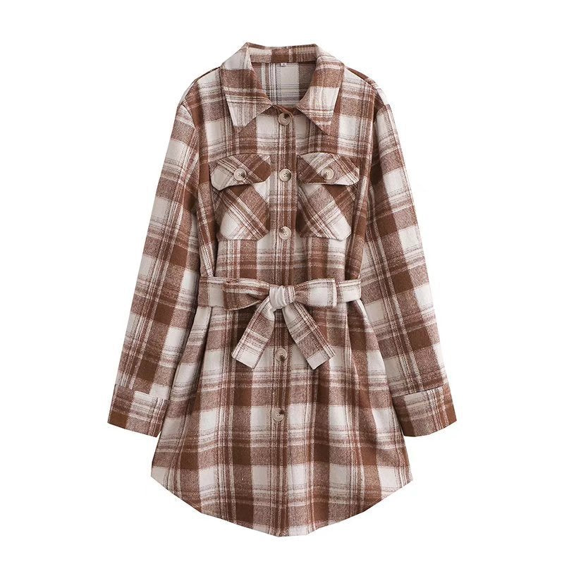 Women Woolen Coat Spring and Autumn Long Sleeve Plaid Printed Mid-Length Shirt Coat