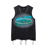 Men Vest Letter Graffiti Washed Make Old Ripped Sleeveless T-shirt