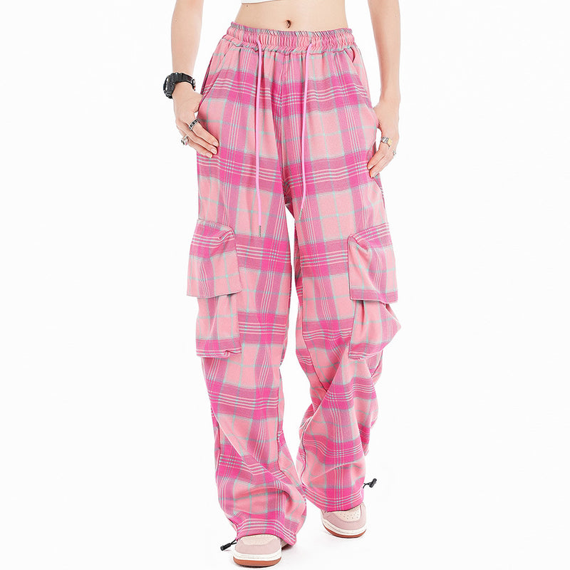 Women Pants Plaid Workwear Casual Pants Loose Trousers Elastic Waist Drawstring Ankle Banded Pants