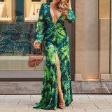 Robe Bridgerton Autumn Sexy Long Sleeve Printed V-neck Split Long Dress