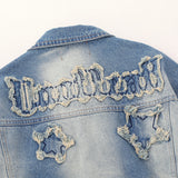 Women Jacket Five-Pointed Star Affixed Cloth Embroidered Washed White Denim Jacket