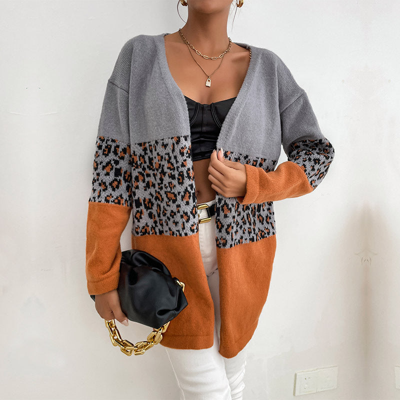 Women Knitted Sweater Autumn and Winter Loose Women's Clothing Leopard Print Contrast Color Long-Sleeve Cardigan Sweater