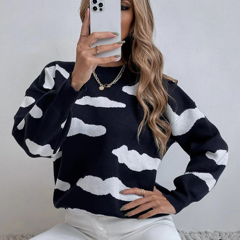 Women Knitted Sweater Autumn and Winter Long Sleeve round Neck Black and White Jacquard Loose-Fitting Women's Sweater Sweater