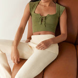 Women T-shirt Summer Square Collar Bare Midriff Slim Fit T-shirt Top