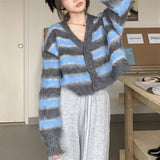 Women Knitwear Autumn and Winter Striped V-neck Short Knitted Cardigan