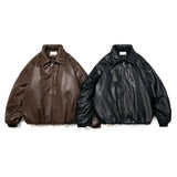 Unisex Winter Cotton Coat Lapel Leather Cotton Jacket Retro Loose PU Leather Coat