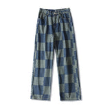 Men Jeans Chessboard Plaid Jeans Autumn Straight Wide-Leg Pants Retro Loose Trousers
