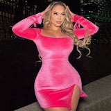 Women Dress Square Collar Hip Velvet Dress Skirt