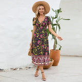 Women Date Dress Floral Dress Short Sleeve V-neck Bohemian A- line Skirt