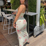 Women Dresse Vintage Long Dress Flower Printed V-neck Suspender Skirt